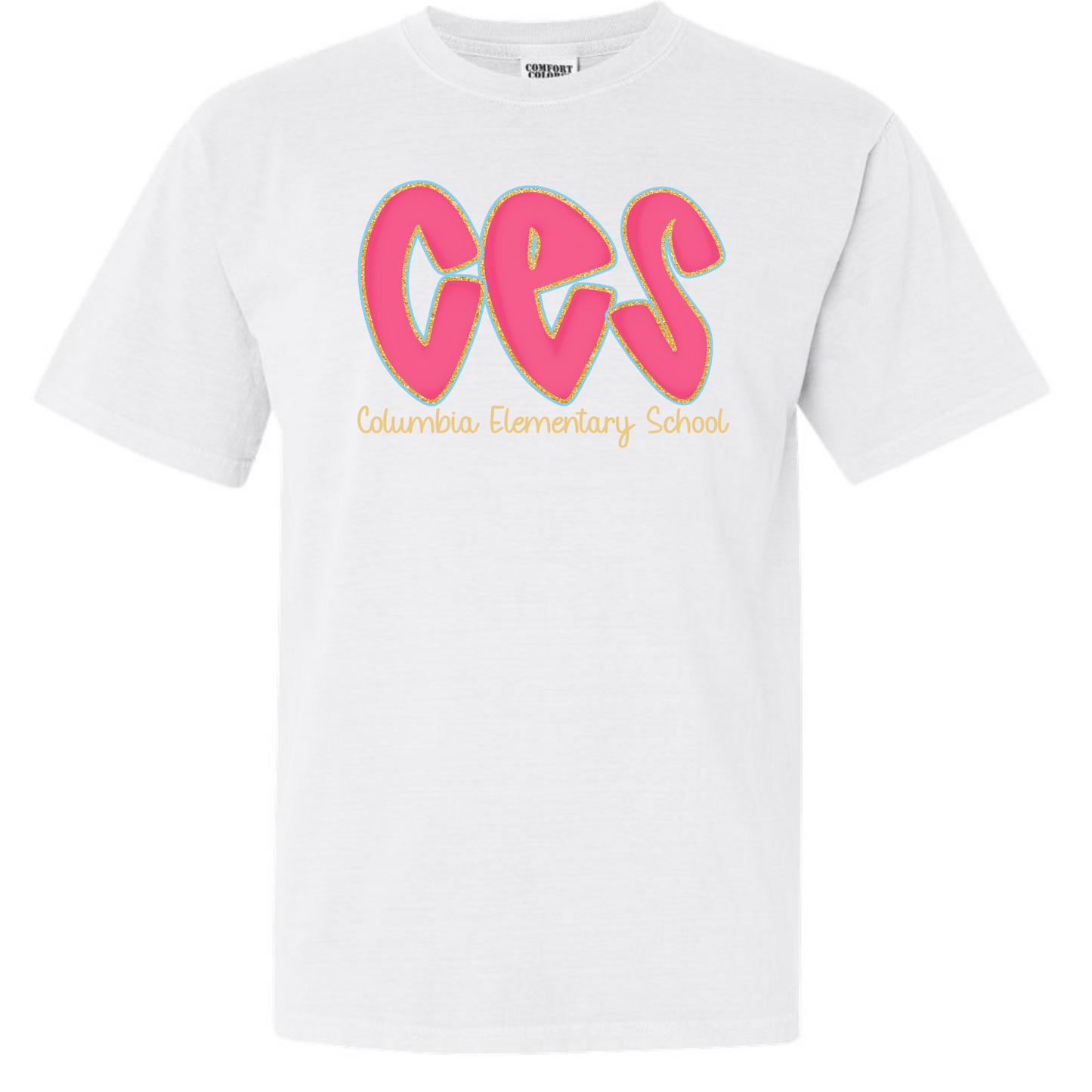 Columbia Elementary Hot Pink Doodle Letters White Comfort Colors Tee 1717