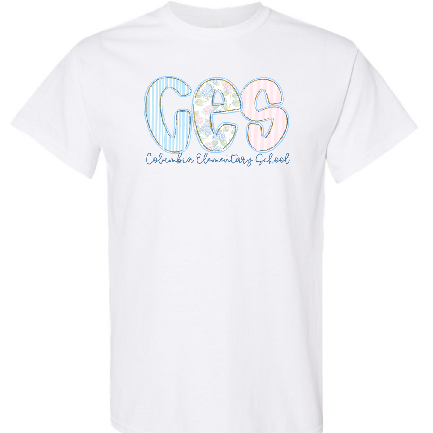 Columbia Elementary CES Floral Letter White Gildan Tee