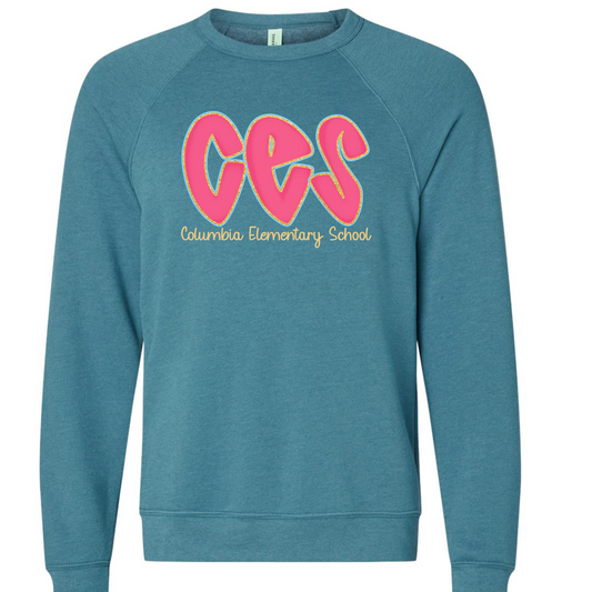 Columbia Elementary Hot Pink Doodle Letters Heather Deep Teal Bella Canvas 3901 Sweatshirt