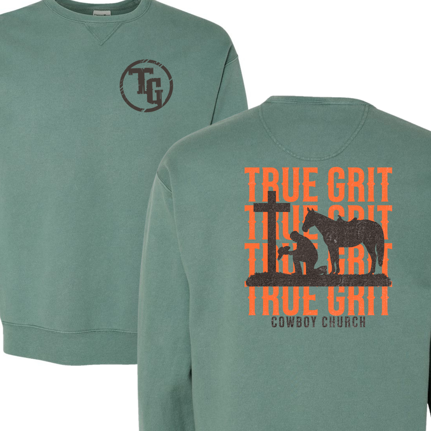 True Grit Cowboy Church Orange Text