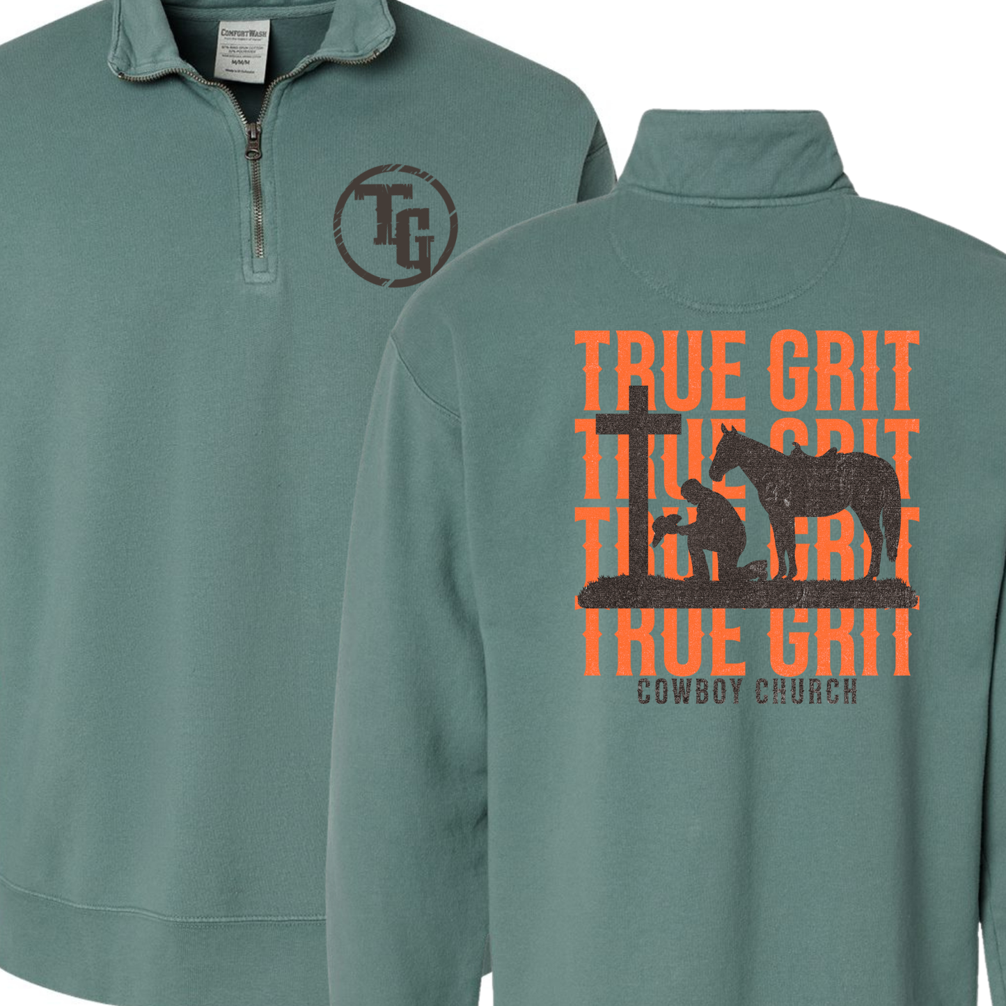 True Grit Cowboy Church Orange Text