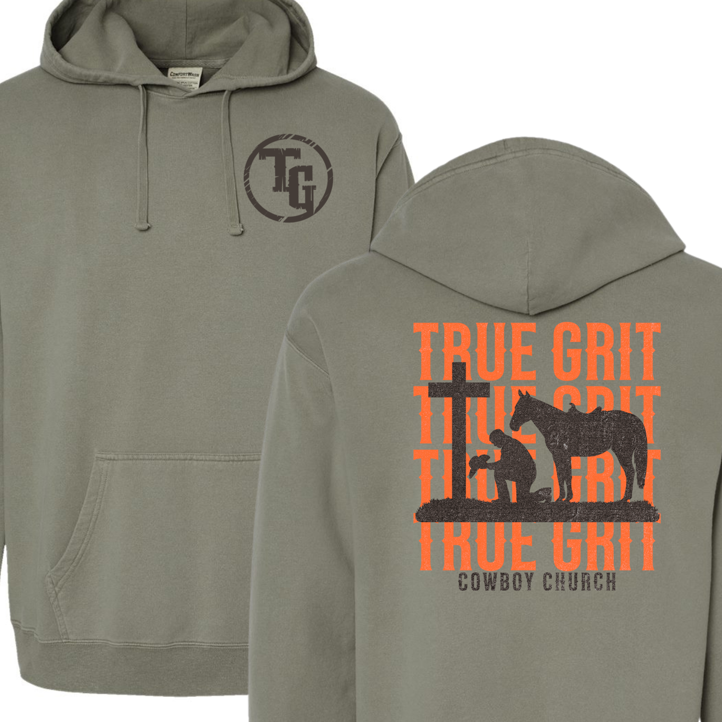 True Grit Cowboy Church Orange Text