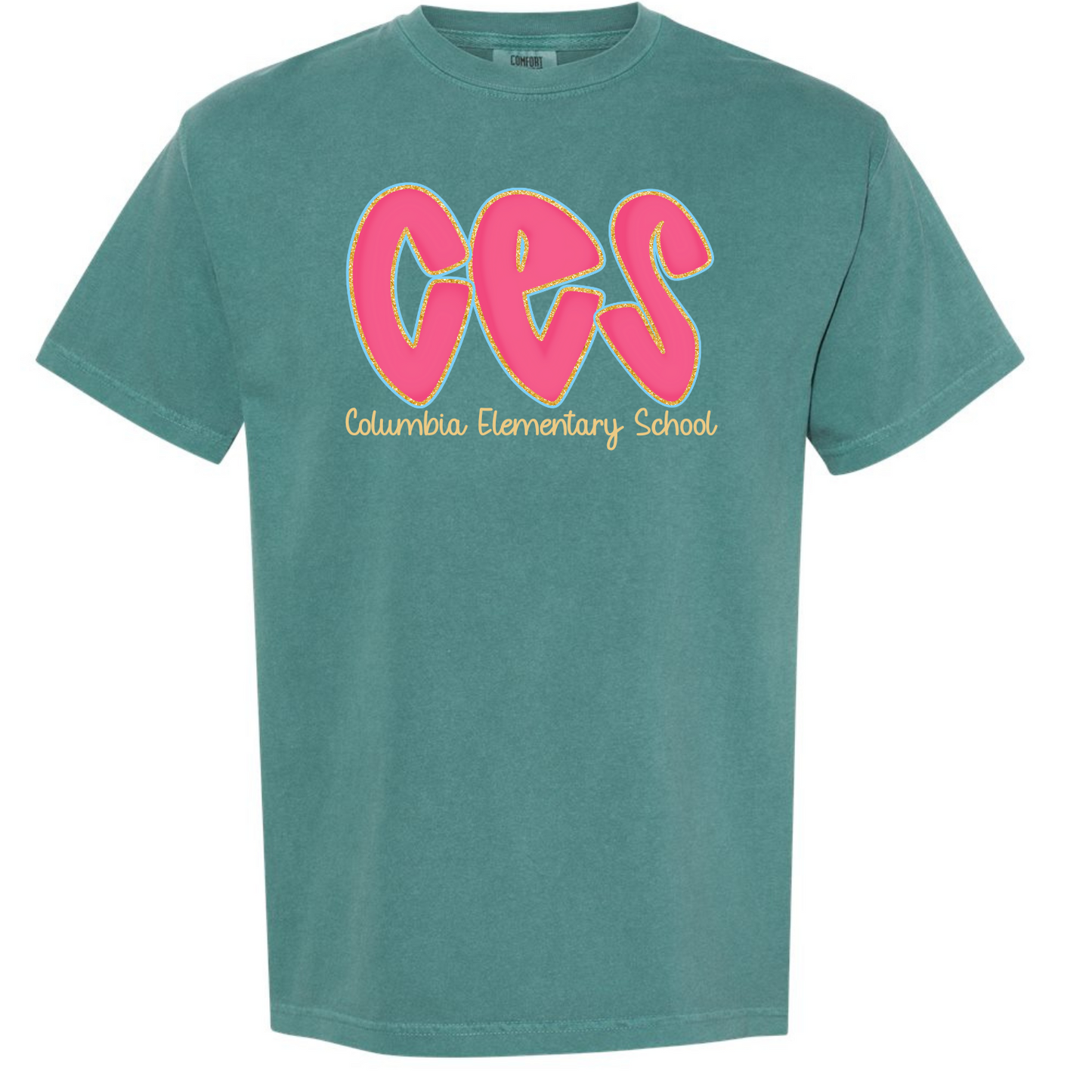 Columbia Elementary Hot Pink Doodle Letters Emerald Comfort Colors Tee 1717