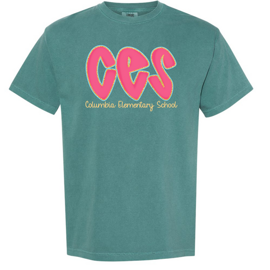 Columbia Elementary Hot Pink Doodle Letters Emerald Comfort Colors Tee 1717