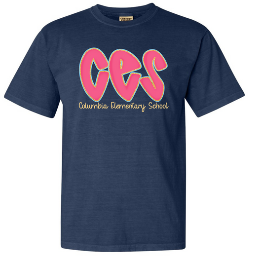 Columbia Elementary Hot Pink Doodle Letters Midnight Comfort Colors Tee 1717