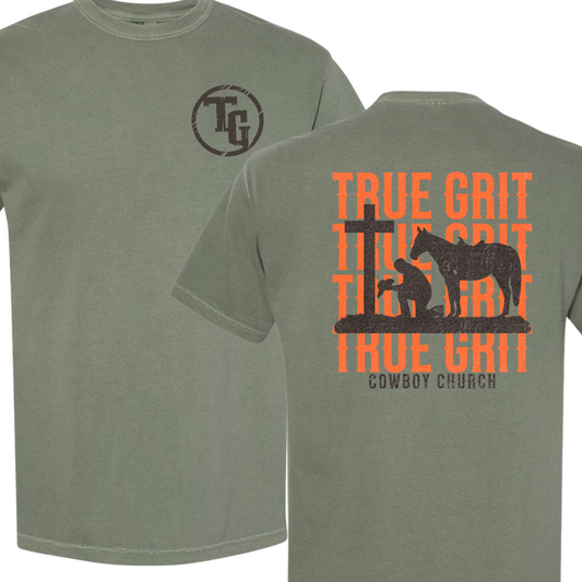 True Grit Cowboy Church Orange Text