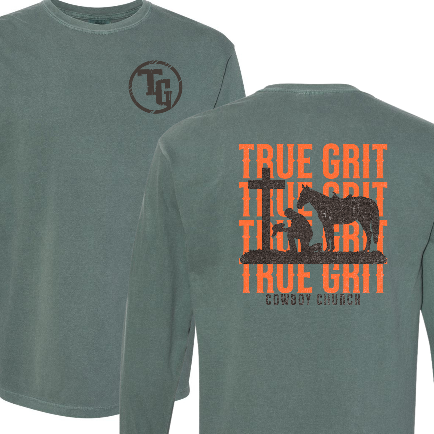 True Grit Cowboy Church Orange Text