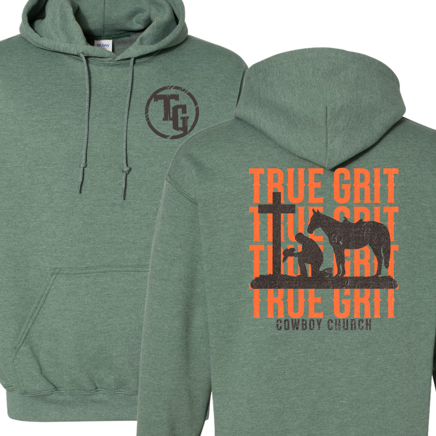 True Grit Cowboy Church Orange Text