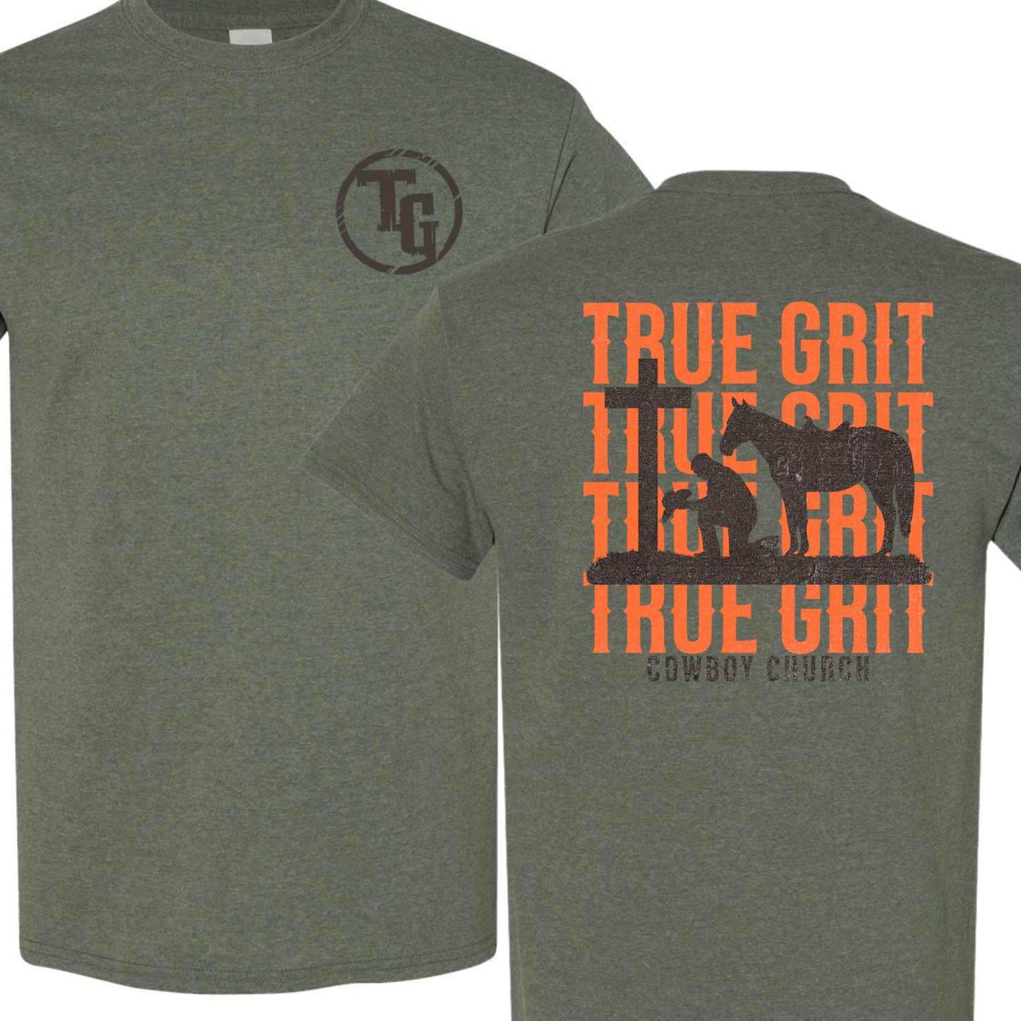 True Grit Cowboy Church Orange Text