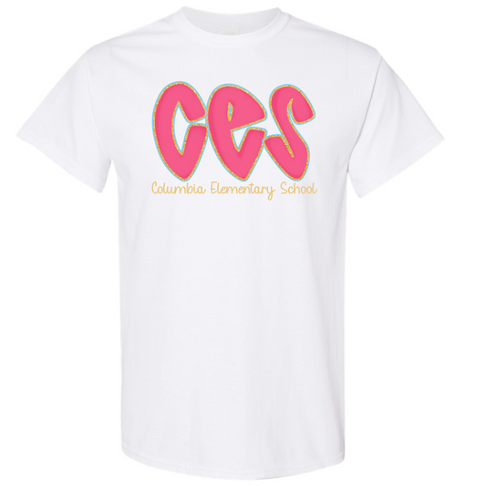 Columbia Elementary Hot Pink Doodle Letters White Gildan Tee