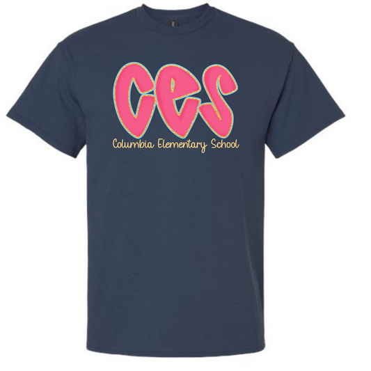 Columbia Elementary Hot Pink Doodle Letters Blue Dusk Gildan Tee